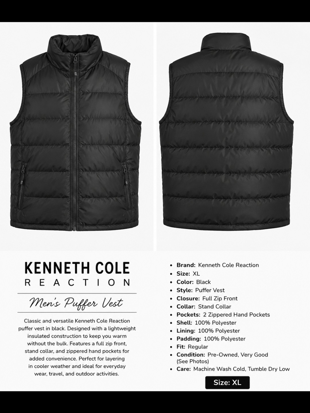 Kenneth Cole Reaction Quilted Black Puffer Vest